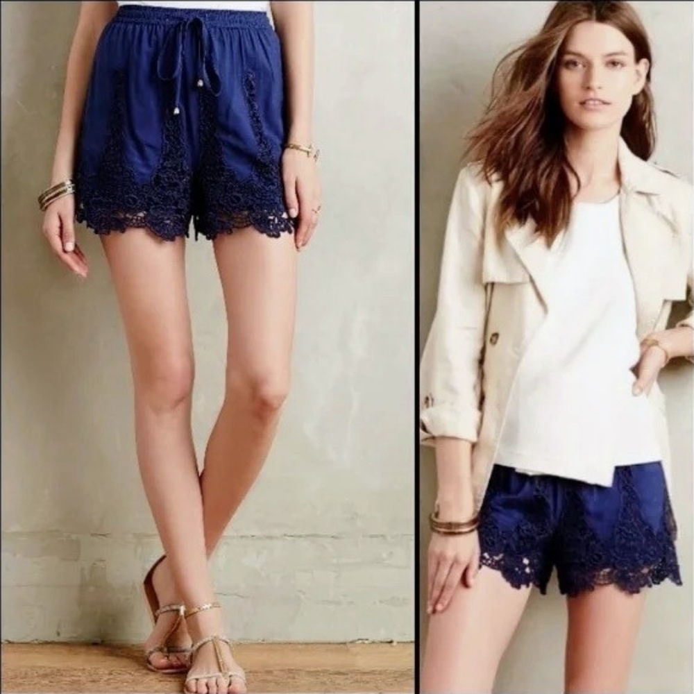Anthropologie Navy Blue Lace Trim Drawstring Shorts